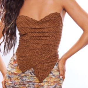 Brown Textured Woven Asymmetric Pointed Hem Corset